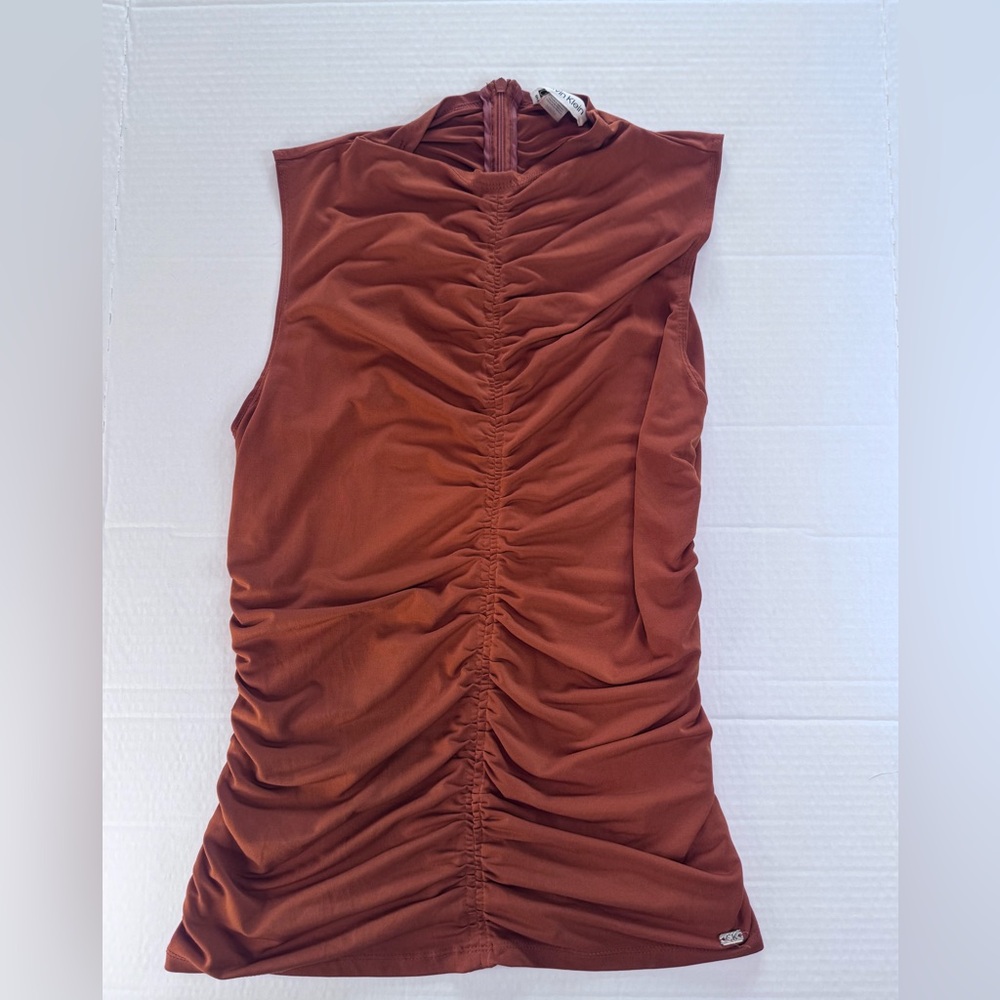 Calvin Klein Ruched Sleeveless Mock Neck Top Rust Orange Stretch Blouse Size M - Picture 7 of 14